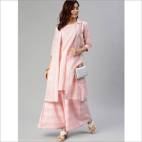 Washable Ladies Pink And White Printed Kurti With Palazzos And Jacket