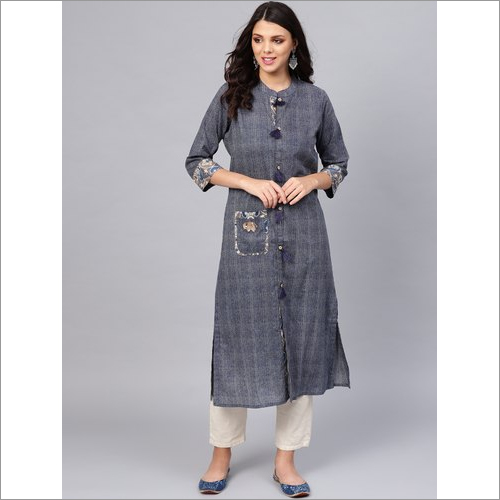 Ladies Cotton Kurti - Embroidered Blue, 3-4th Sleeve, Breathable and Washable for Summer Casual Wear