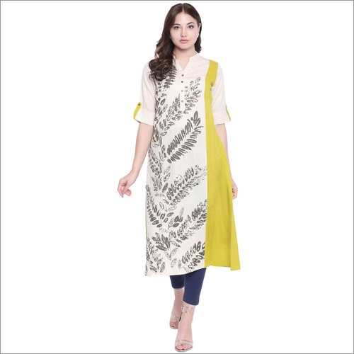Ladies Off White And Florescent Green Cotton  Kurti - Feature: Breathable