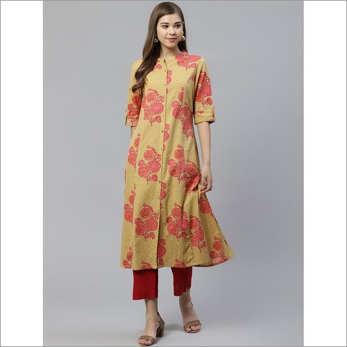 Ladies Mustard A Line Cotton  Kurti - Pattern: Printed