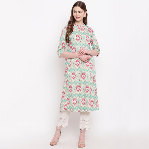 Printed Ladies Green Khadi Kurti
