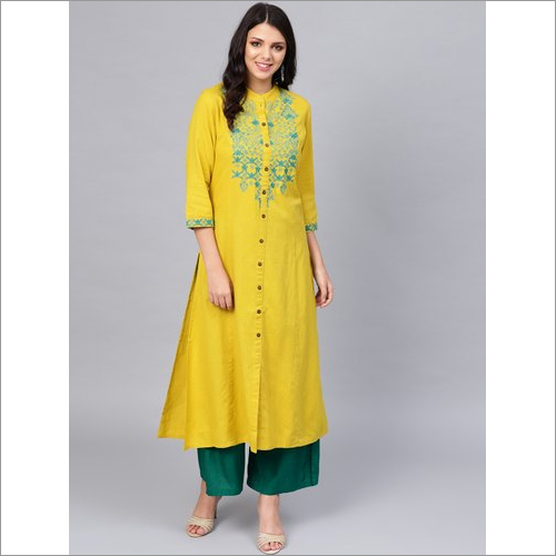 Ladies Lime Embroidered Cotton Kurti - Color: Yellow