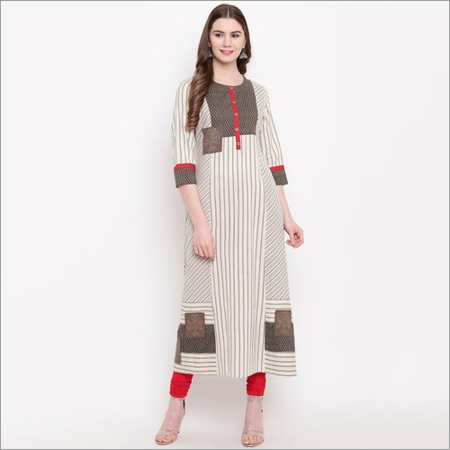 Ladies Grey Cotton Striped Kurti - Color: Gray