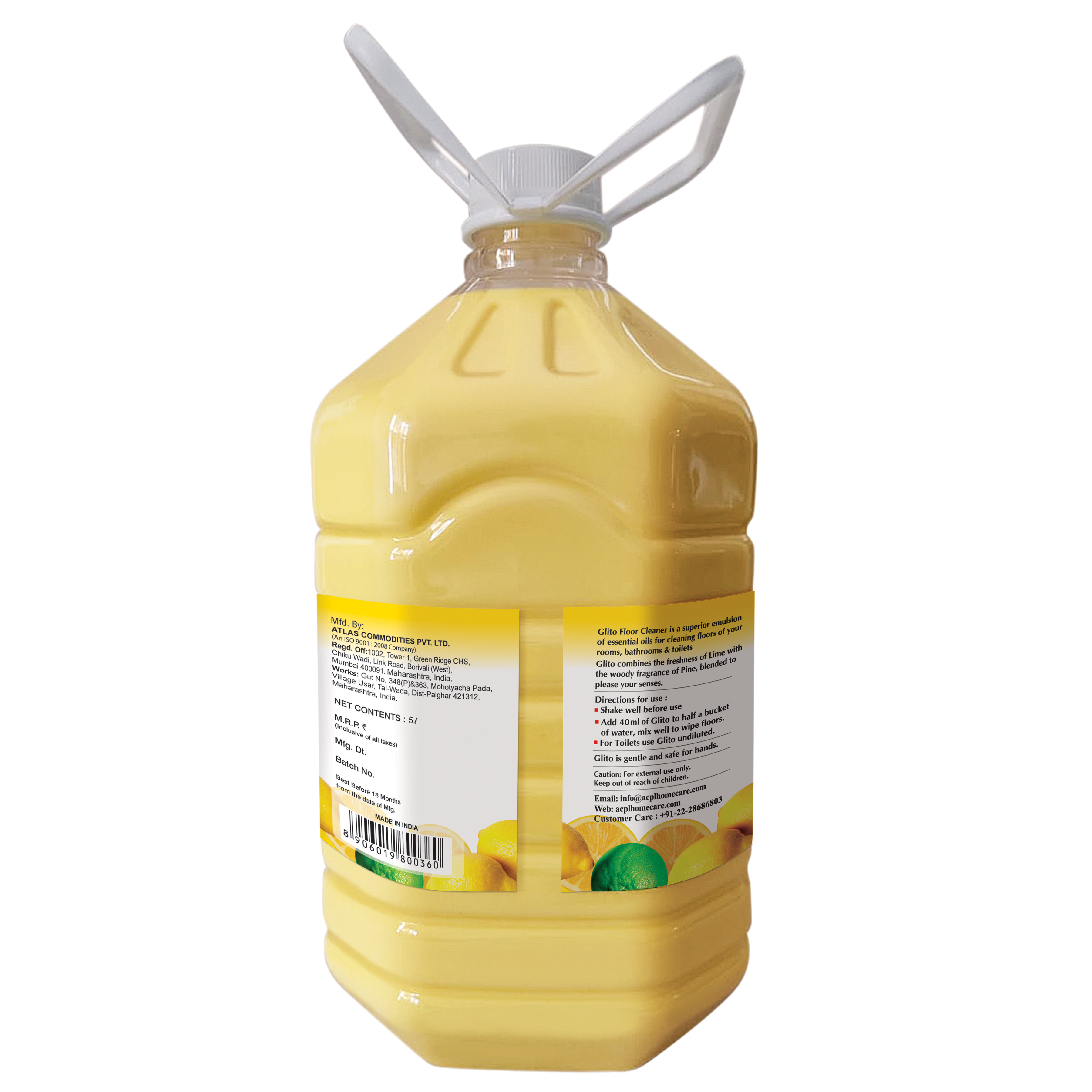 Glito Perfumed Floor Cleaner Lime (5 Litres) - Liquid Form, Yellow Color, Lemon Fragrance, Shelf Life Of 547 Days, Ideal For Tile Floors
