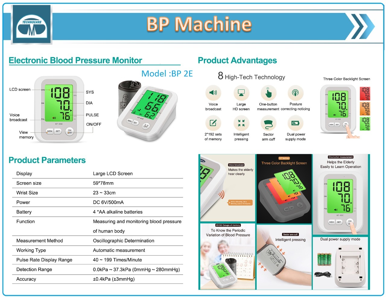 Digital Blood Pressure Machine - Abs Material, 125x147x61mm | Voice Prompt, Lcd Display, Accurate Oscillometric Method, Automatic Pressurization, 20-299mmhg Range, Pulse Rate 40-200/min, Backlit Red Display, Lightweight 450g