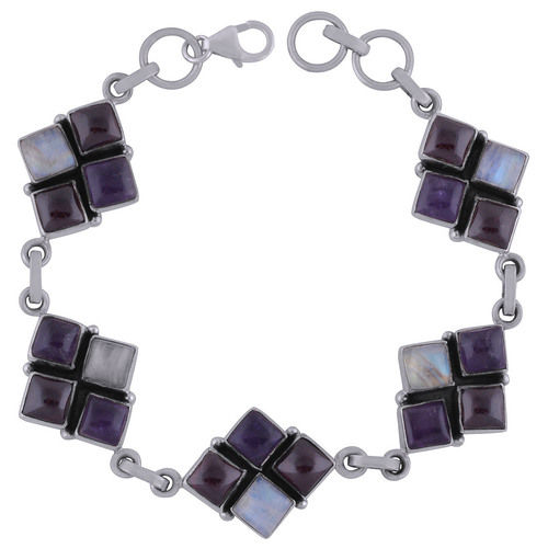 Amethyst/rainbow/garnet Natural Gemstone 925 Sterling Solid Silver Square Cabochon Handmade Bracelet Diameter: Length:8 Inch X Width:18 Mm Inch (In)