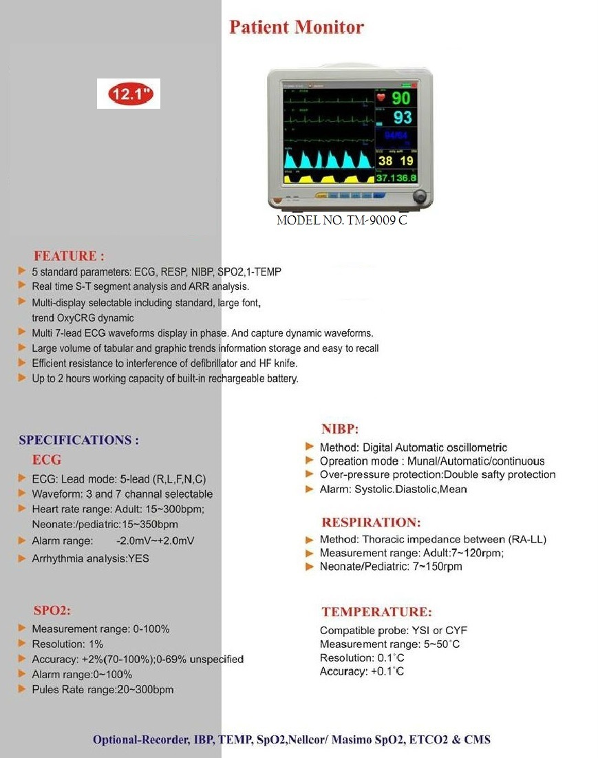 5 Para Monitor - 370x280x350 Mm, White | Spo2, Nibp, Temp, Resp, Ecg Monitoring
