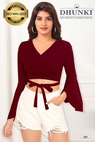 Dhunki Ladies Tops - Ajanta Fabric (95% Polyester, 5% Spandex) | Sizes M(36) & XL(40), 4 Color Options, Mini Skirt Style, Designer Sleeves