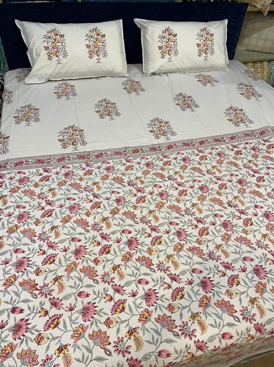 Hand Block Printed Bed Sheet Set - Soft Cotton (210tc), Double Bed Size 90" X 108", Rich Red & Green Colors, Gentle Hand Wash Care Instructions