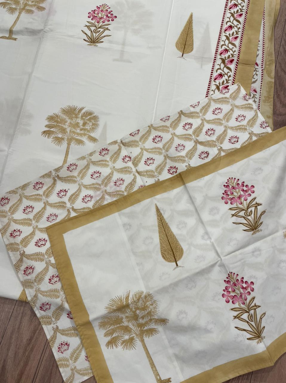 Hand Block Printed Bed Sheet Set - Soft Cotton (210tc), Double Bed Size 90" X 108", Rich Red & Green Colors, Gentle Hand Wash Care Instructions