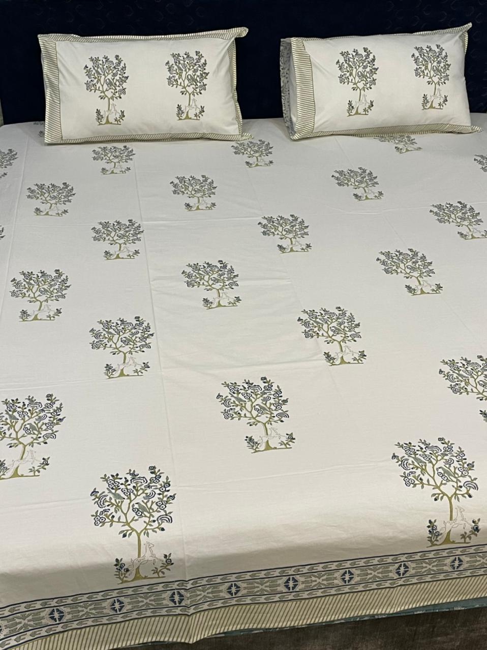 Hand Block Printed Bed Sheet Set - Soft Cotton (210tc), Double Bed Size 90" X 108", Rich Red & Green Colors, Gentle Hand Wash Care Instructions
