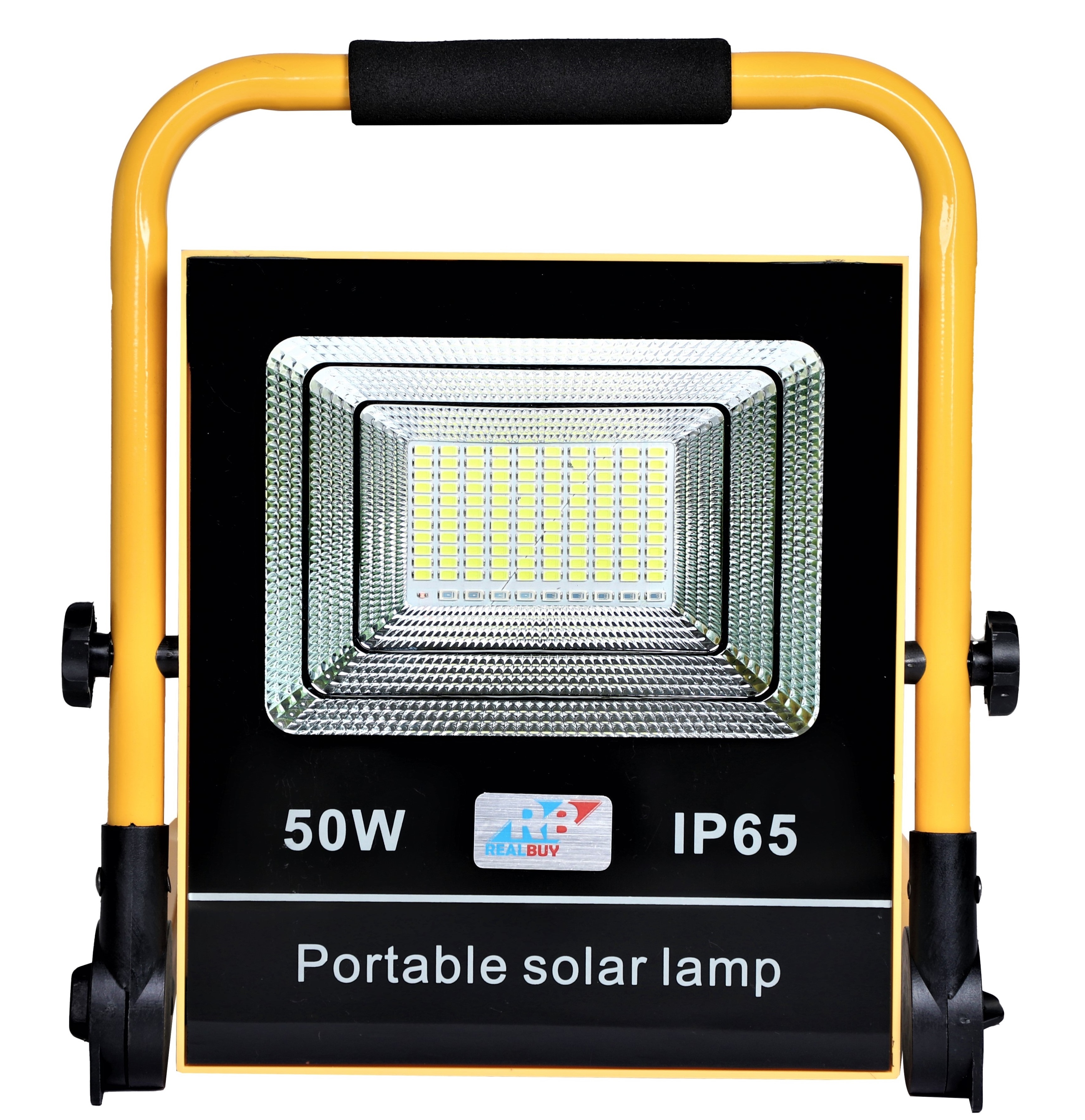 Realbuy Multifunctional 50w Portable Solar Led Flood Light - Abs With Aluminium Stand, 27x30x5.5 Cm, Yellow | 10000 Mah Battery, Automatic Switch Mode, Ip65 Waterproof, 14-hour Backup, Usb Mobile Charging