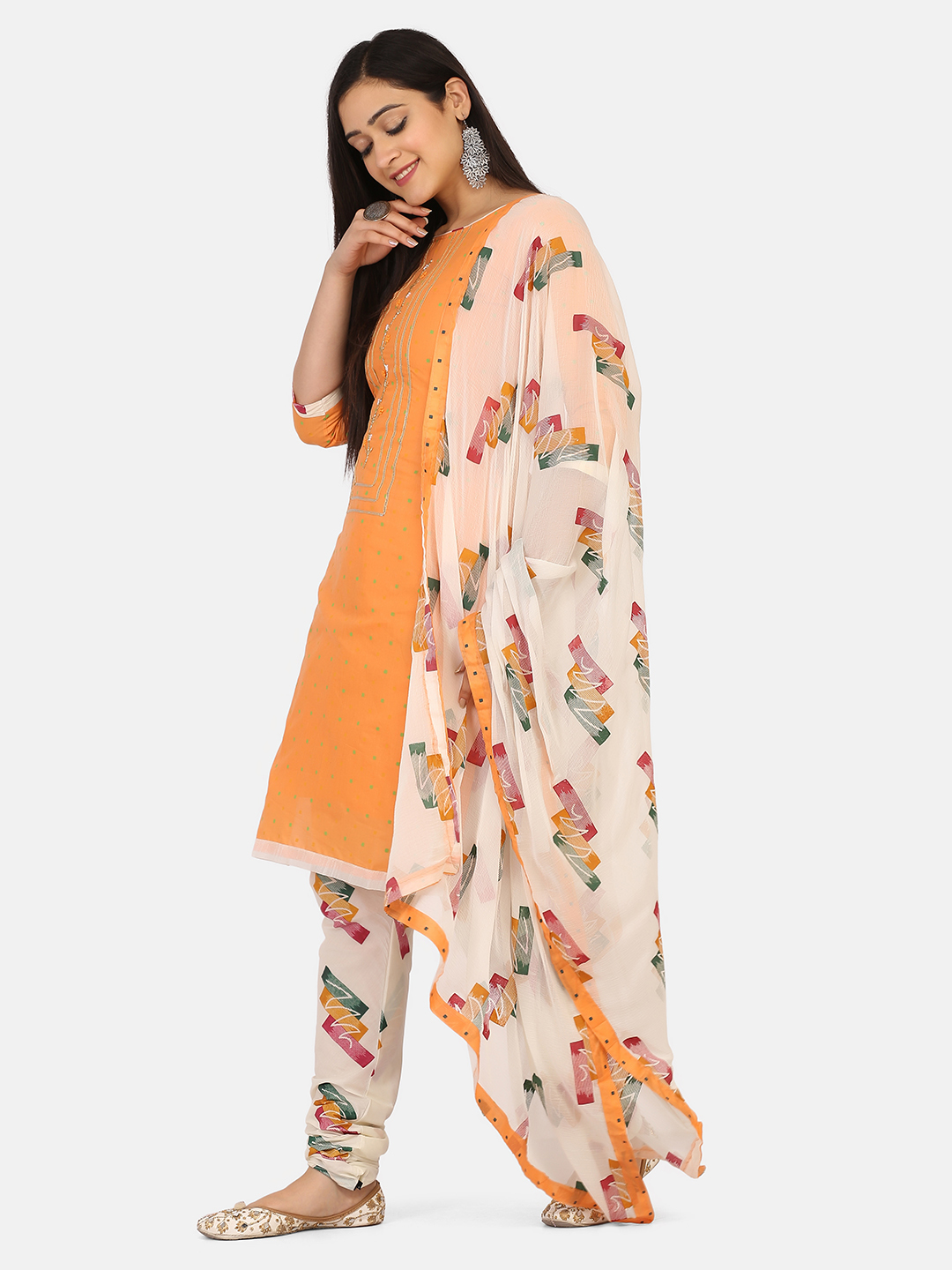 Orange And White Unstitch Salwar Suit Set