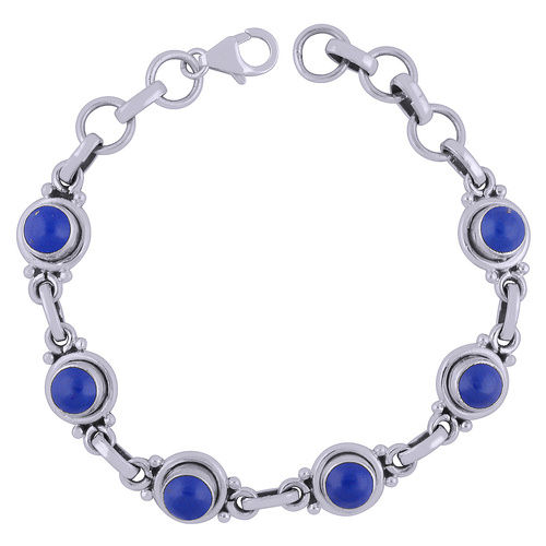 Lapis Natural Gemstone 925 Sterling Solid Silver Round Cabochon Handmade Bracelet Diameter: Length:7.5 Inch X Width:9 Mm Inch (In)