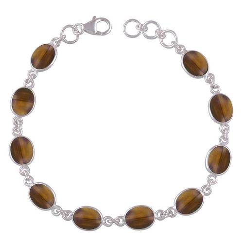 Tiger Eye Natural Gemstone 925 Sterling Solid Silver Oval Cabochon Handmade Bracelet Diameter: Length: 7" Inch Extra Adjustable X Width 9 Mm Inch (In)