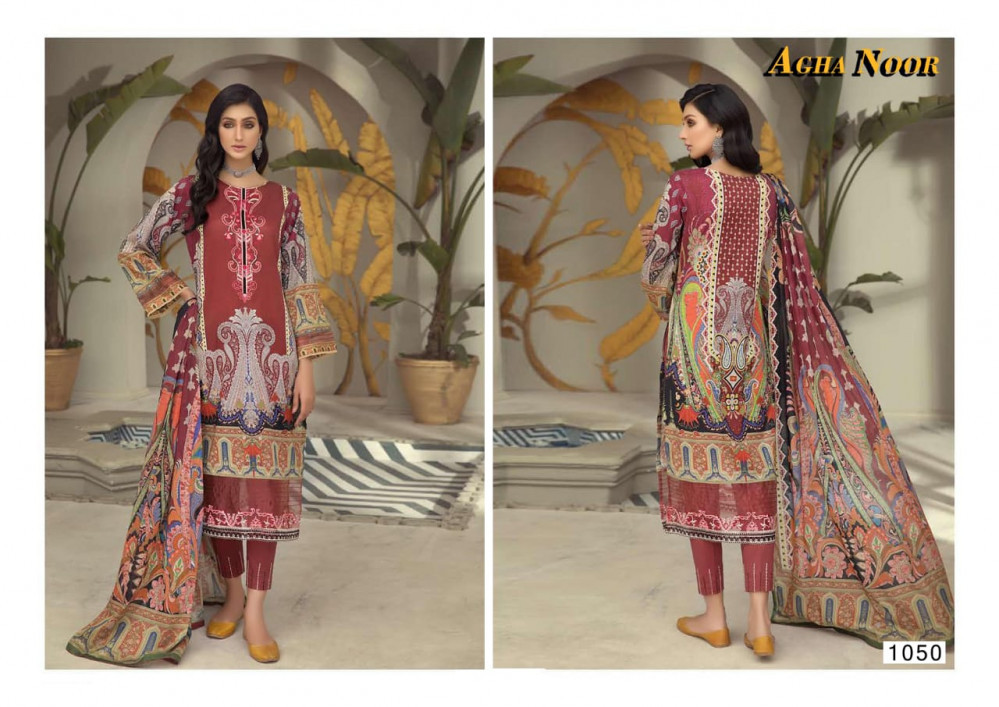Agha Noor Vol 4 - Lawn Cotton Top (2.40mtr), Lawn Cotton Bottom (2mtr), Pure Mal Mal Lawn Printed Dupatta (2.25mtr) | Full Sleeves, Multi Color, Casual Dress Material, Printed Pattern, Summer Season