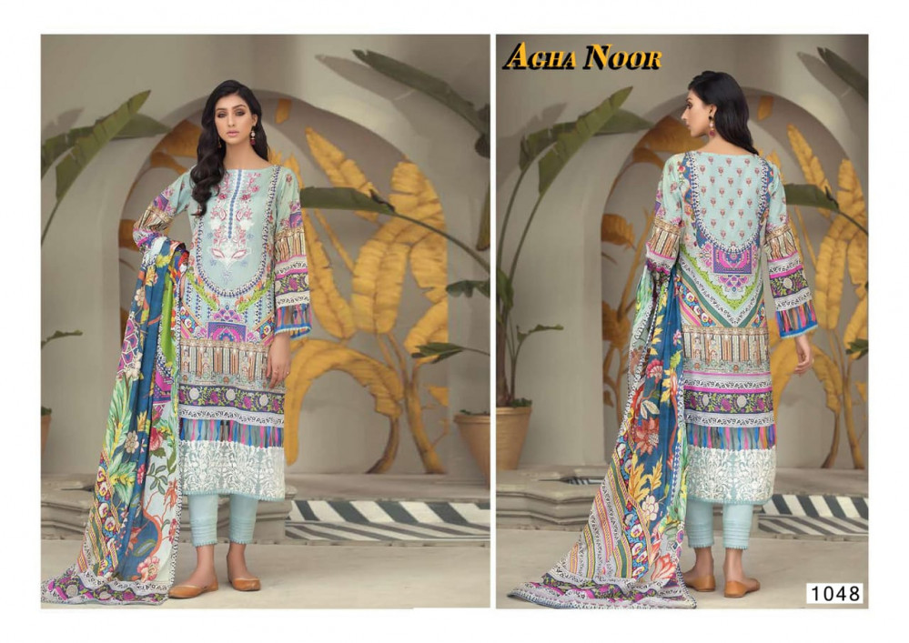Agha Noor Vol 4 - Lawn Cotton Top (2.40mtr), Lawn Cotton Bottom (2mtr), Pure Mal Mal Lawn Printed Dupatta (2.25mtr) | Full Sleeves, Multi Color, Casual Dress Material, Printed Pattern, Summer Season