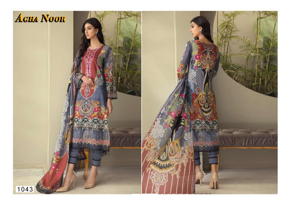 Agha Noor Vol 4 - Lawn Cotton Top (2.40mtr), Lawn Cotton Bottom (2mtr), Pure Mal Mal Lawn Printed Dupatta (2.25mtr) | Full Sleeves, Multi Color, Casual Dress Material, Printed Pattern, Summer Season