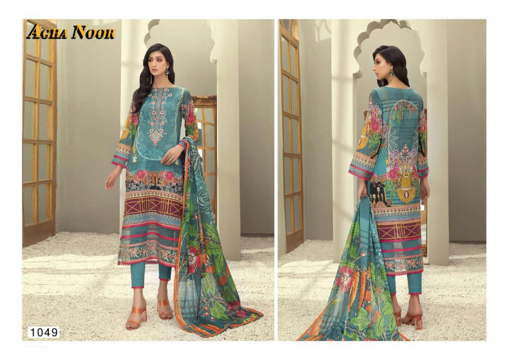 Agha Noor Vol 4 - Lawn Cotton Top (2.40mtr), Lawn Cotton Bottom (2mtr), Pure Mal Mal Lawn Printed Dupatta (2.25mtr) | Full Sleeves, Multi Color, Casual Dress Material, Printed Pattern, Summer Season