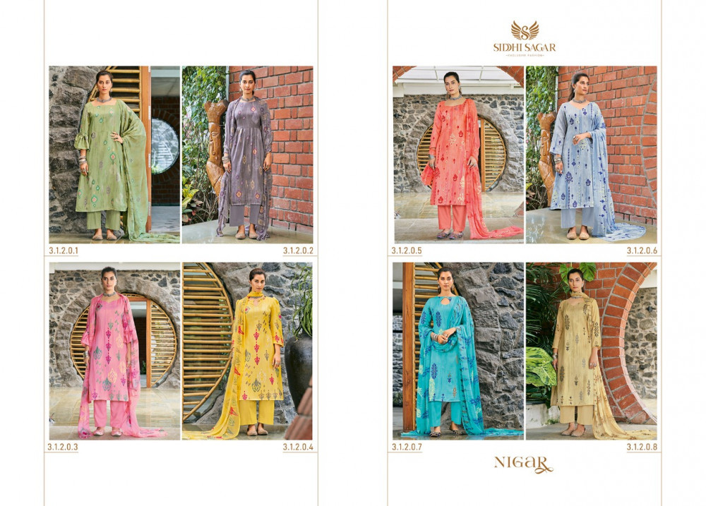 Siddhi Sagar Nigar Satin Cotton Salwar Suits Catalog - Cotton Satin Print Top (2.50 Mtr), Soft Cotton Bottom (3.00 Mtr), Nazmin Print Dupatta (2.50 Mtr), Multi Color, Short Sleeves, Unstitched