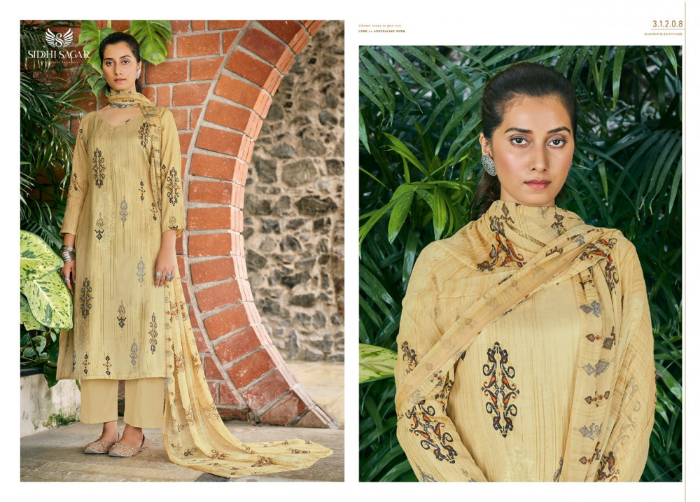 Siddhi Sagar Nigar Satin Cotton Salwar Suits Catalog - Cotton Satin Print Top (2.50 Mtr), Soft Cotton Bottom (3.00 Mtr), Nazmin Print Dupatta (2.50 Mtr), Multi Color, Short Sleeves, Unstitched