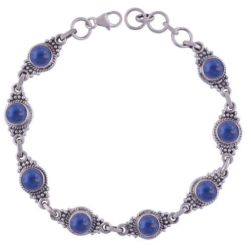 Lapis Natural Gemstone 925 Sterling Solid Silver Round Cabochon Handmade Bracelet Diameter: Length: 7 Inch Extra Adjustable X Width: 9 Mm Inch (In)