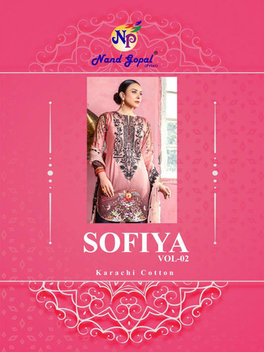 Nand Gopal Sofiya Vol-2 Karachi Cotton Salwar Suits Catalog - Cotton Fabric (Top: 2.35m, Bottom: 2m, Dupatta: 2.25m), Full Sleeves, Multi Color, Printed Pattern, Casual Style, All Season