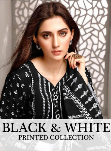 Saffron Cotton Black And White Eid Collection Dress Material Catalog - Pure Cambrice & Mal Mal Dupatta, Unstitched Ethnic Dress, Custom Size, Printed Casual Wear