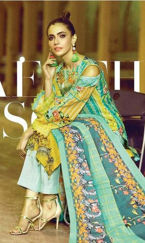 Alizeh Lawn Karachi Printed Dress Material Catalog - Cotton, Unstitched (Top: 2.40 Mtr, Bottom: 2 Mtr, Dupatta: 2.25 Mtr), Multi Color, Casual Dress, Full Sleeves, Printed Design, All Season