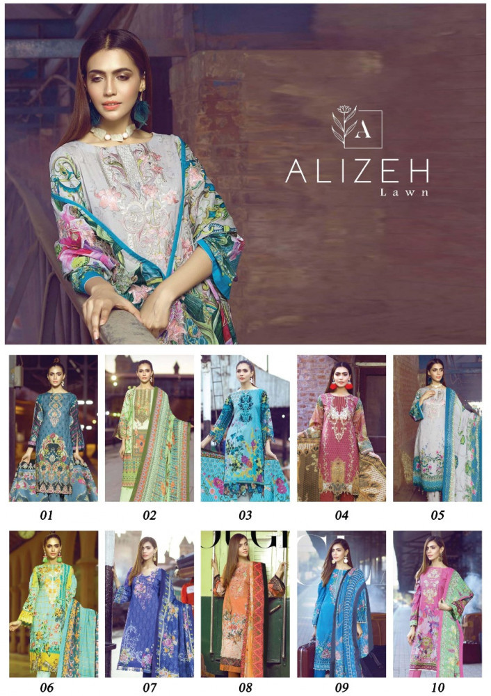 Alizeh Lawn Karachi Printed Dress Material Catalog - Cotton, Unstitched (Top: 2.40 Mtr, Bottom: 2 Mtr, Dupatta: 2.25 Mtr), Multi Color, Casual Dress, Full Sleeves, Printed Design, All Season