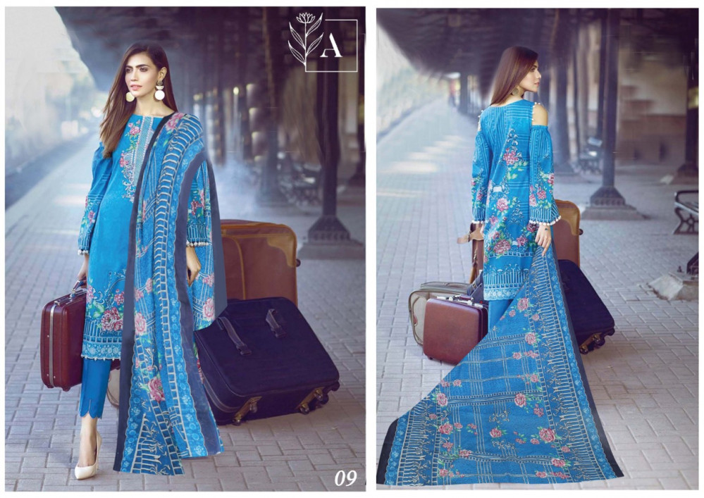 Alizeh Lawn Karachi Printed Dress Material Catalog - Cotton, Unstitched (Top: 2.40 Mtr, Bottom: 2 Mtr, Dupatta: 2.25 Mtr), Multi Color, Casual Dress, Full Sleeves, Printed Design, All Season