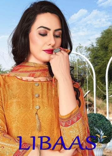 Libaas Cotton Printed Dress Material Catalog - Imported Cotton, Unstitched Size, Multi Color, Full Sleeve, Fancy Long Top With Button, Printed Shiffon Dupatta