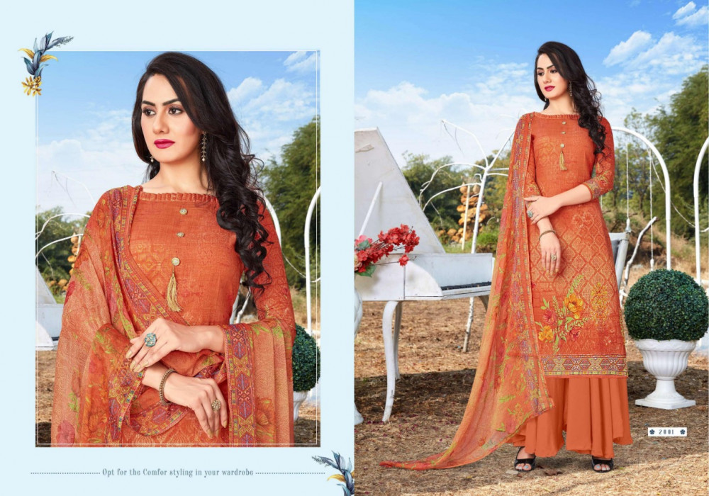 Libaas Cotton Printed Dress Material Catalog - Imported Cotton, Unstitched Size, Multi Color, Full Sleeve, Fancy Long Top With Button, Printed Shiffon Dupatta