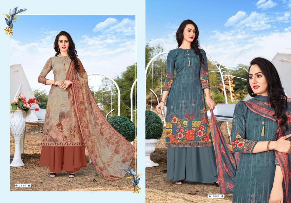 Libaas Cotton Printed Dress Material Catalog - Imported Cotton, Unstitched Size, Multi Color, Full Sleeve, Fancy Long Top With Button, Printed Shiffon Dupatta