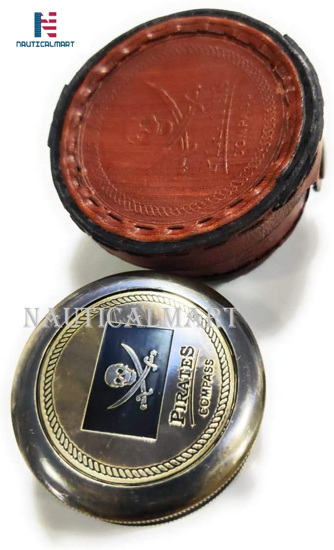 Brass Compass Pirates Of Caribbean Jack Sparrow 2 Inch Pocket Antique Gift W/embossed Beautiful Leather Case
