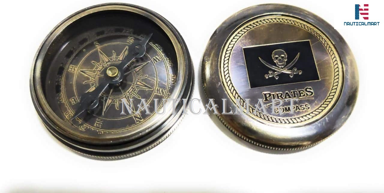 Brass Compass Pirates Of Caribbean Jack Sparrow 2 Inch Pocket Antique Gift W/embossed Beautiful Leather Case