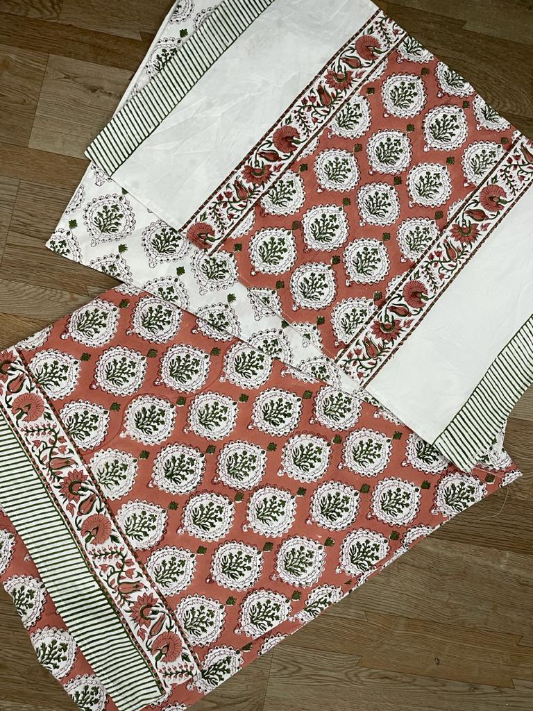 Hand Block Printed Bed Sheet Set - Soft Cotton (210tc) , 90" X 108" Double Bed Size, Multicolor Red & Green Design, Includes 2 Pillowcases, Gentle Hand Wash Care