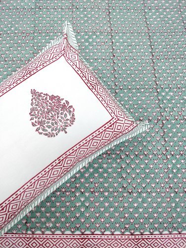 Hand Block Printed Bed Sheet Set - Soft Cotton (210tc) , 90" X 108" Double Bed Size, Multicolor Red & Green Design, Includes 2 Pillowcases, Gentle Hand Wash Care