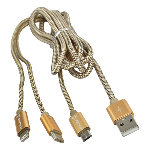 3 In 1 Data Cable - Fully Metal, Gold Color | Dual Protection Layer, High-Speed Data Transfer, Connects 4 Devices Simultaneously