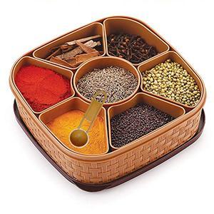 2198 Masala Rangoli Box Dabba For Keeping Spices - Food Grade BPA Free Plastic, Brown Color | Airtight Lid, 7 Removable Sections, Multi-Purpose Usage