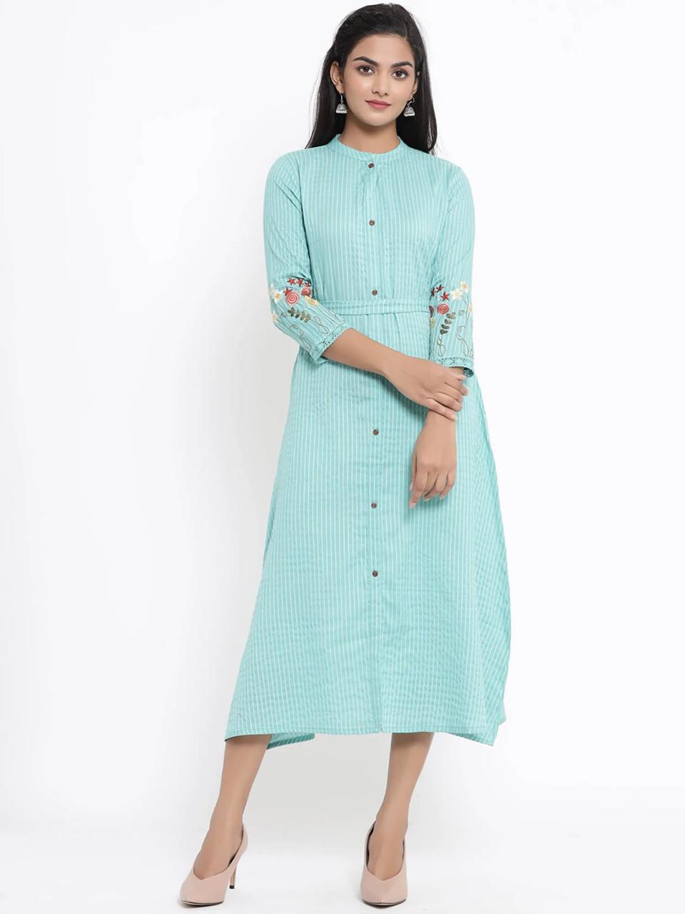 Jaipuri Maxi Dress - Viscose Rayon, Sizes S-xxl | Multi Color Striped Design, Embroidered Sleeves, Perfect For Casual Occasions