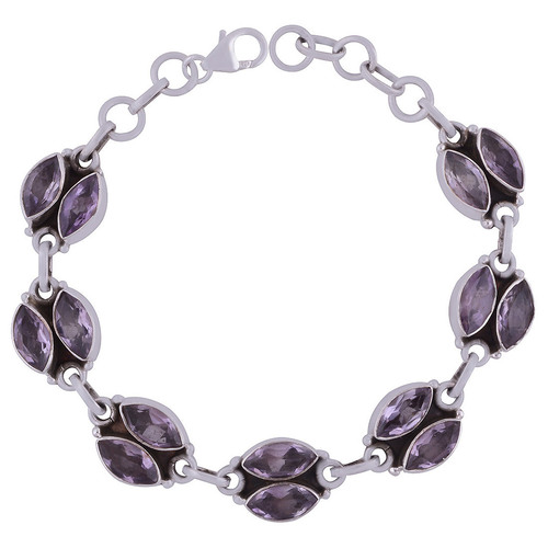 Amethyst Natural Gemstone 925 Sterling Solid Silver Marquise Cut Stone Handmade Bracelet Diameter: Length:8 Inch X Width:11 Mm Inch (In)