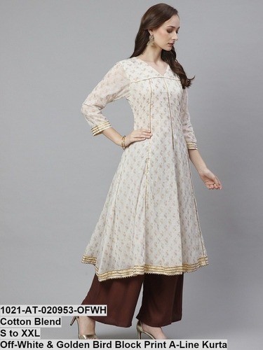 Washable Cotton Blend Off-White A-Line Printed Kurti
