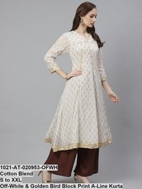 कॉटन ब्लेंड ऑफ-व्हाइट A-लाइन प्रिंटेड कुर्ती