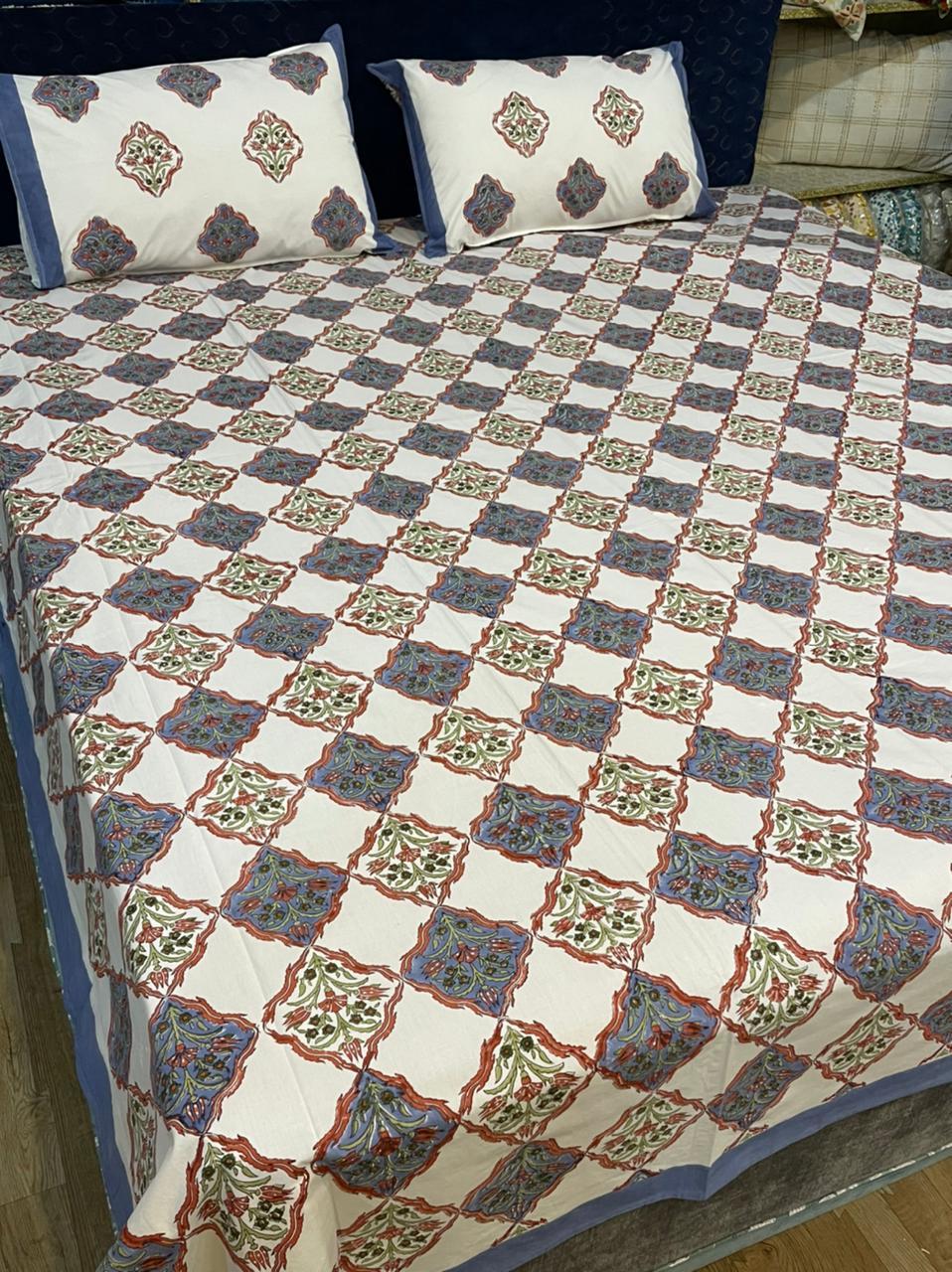 Hand Block Printed Bed Sheet Set - 100% Cotton, Queen Size, Multi Color | Washable, 2 Pillowcases, 210 Thread Count, Ideal For Home And Hotel Use