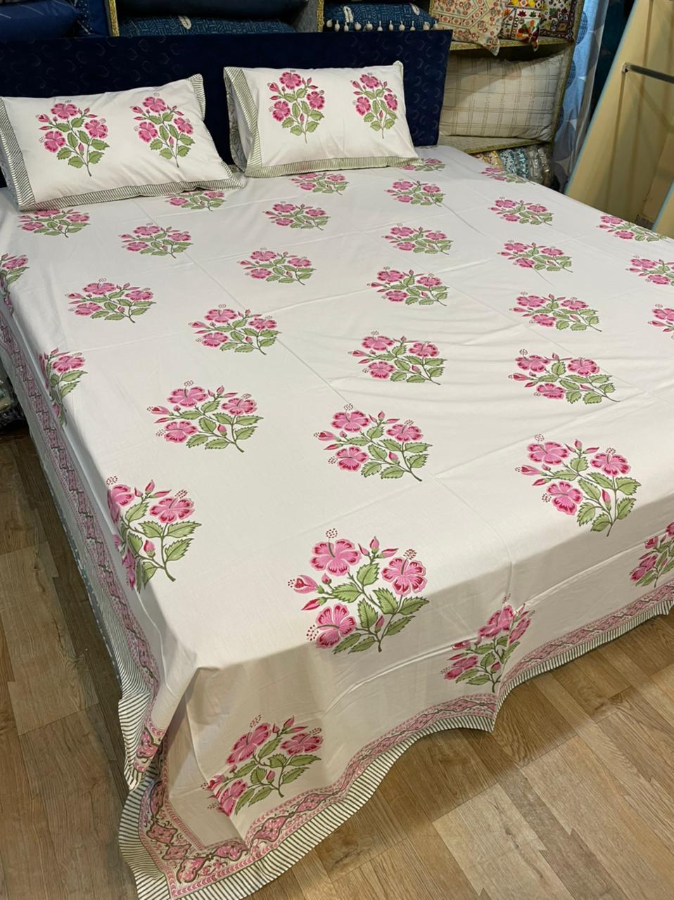 Hand Block Printed Bed Sheet Set - 100% Cotton, Queen Size, Multi Color | Washable, 2 Pillowcases, 210 Thread Count, Ideal For Home And Hotel Use