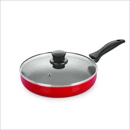 Aluminium Fry Pan - 1.3L Capacity, 24 cm Round, Red & Black | Non-Stick, Induction Bottom, Glass Lid, 1 Year Warranty