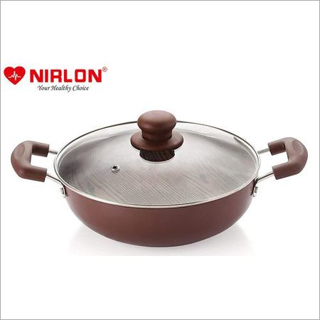 Steel Nirlon Woody Non Stick Deep Kadhai With Glass Lid