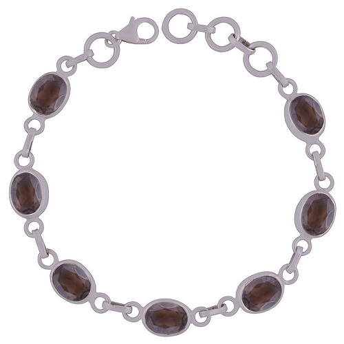 स्मोकी टॉपज़ नेचुरल जेमस्टोन 925 स्टर्लिंग सॉलिड सिल्वर ओवल कट स्टोन हैंडमेड ब्रेसलेट डायमीटर: लंबाई: 7.5 इंच। X चौड़ाई: 10 मिमी इंच (इंच)