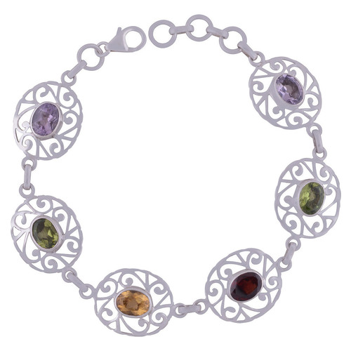Multiple Natural Gemstones - 925 Sterling Silver Oval Cut Jali Handmade Bracelet | Length: 7 Inch Adjustable, Weight: 13.6 Grams, Classic Style, Fits Men, Women, Children